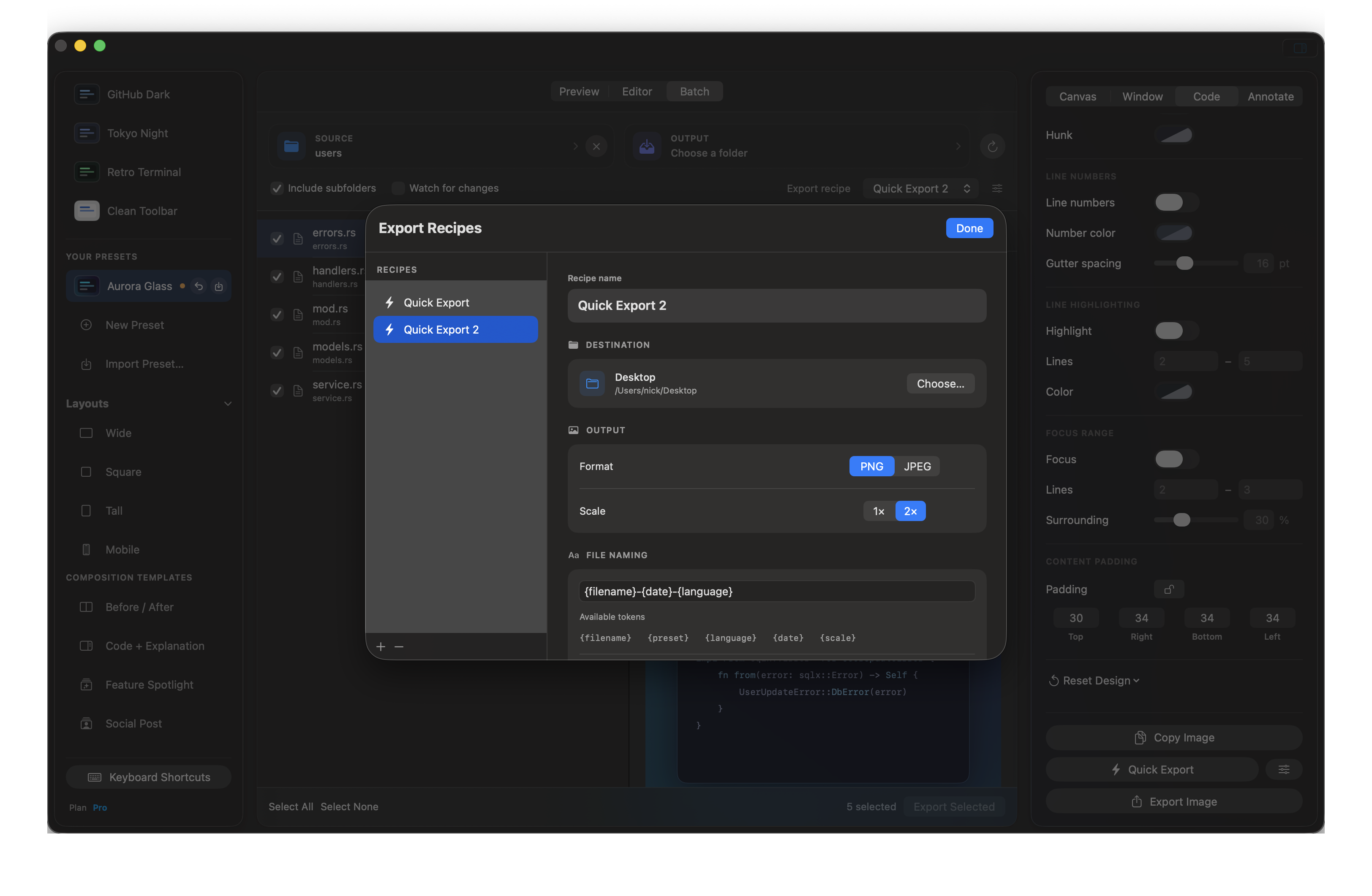 Export recipes in Oktoshot