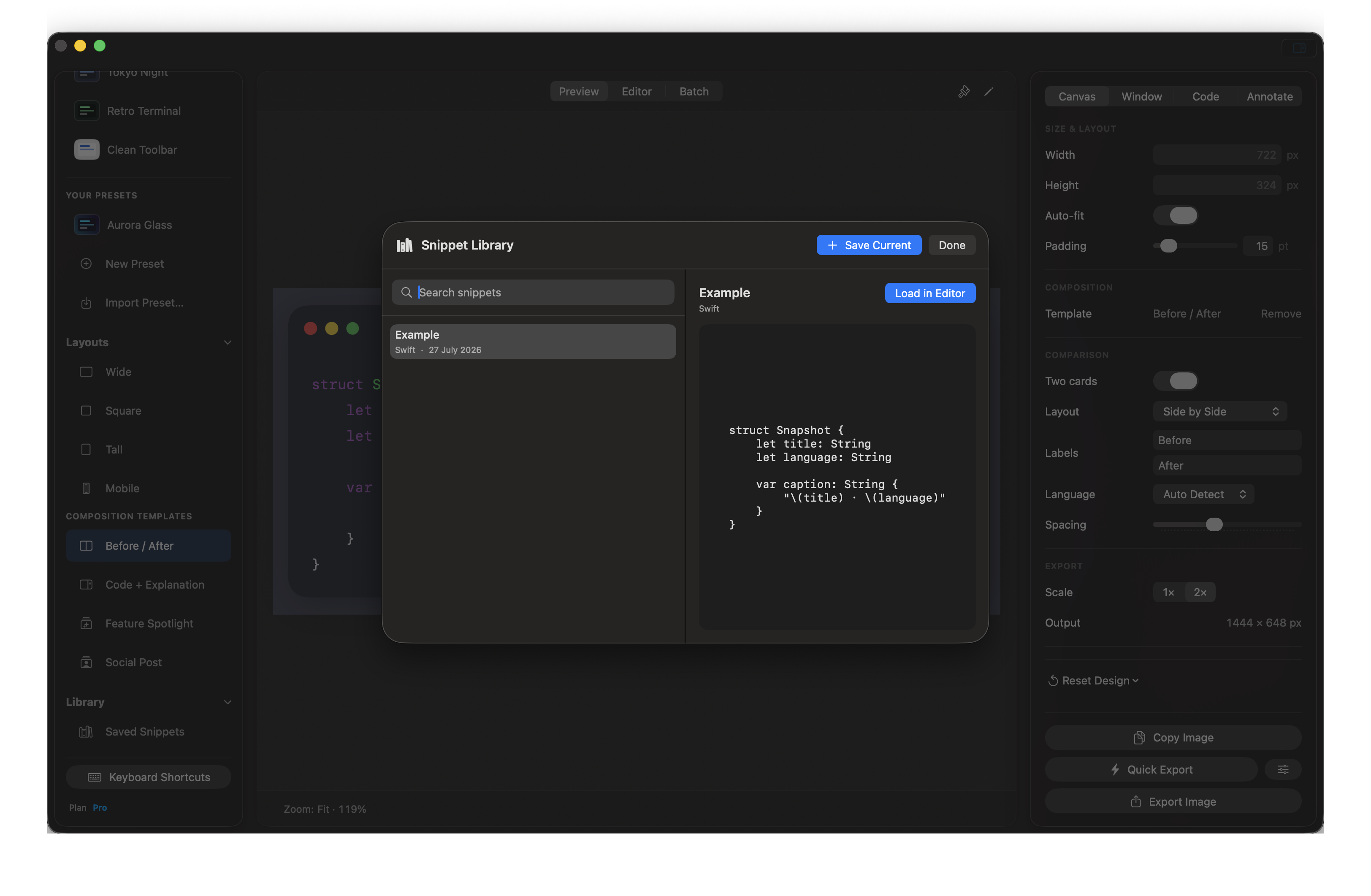 Saved snippets in Oktoshot
