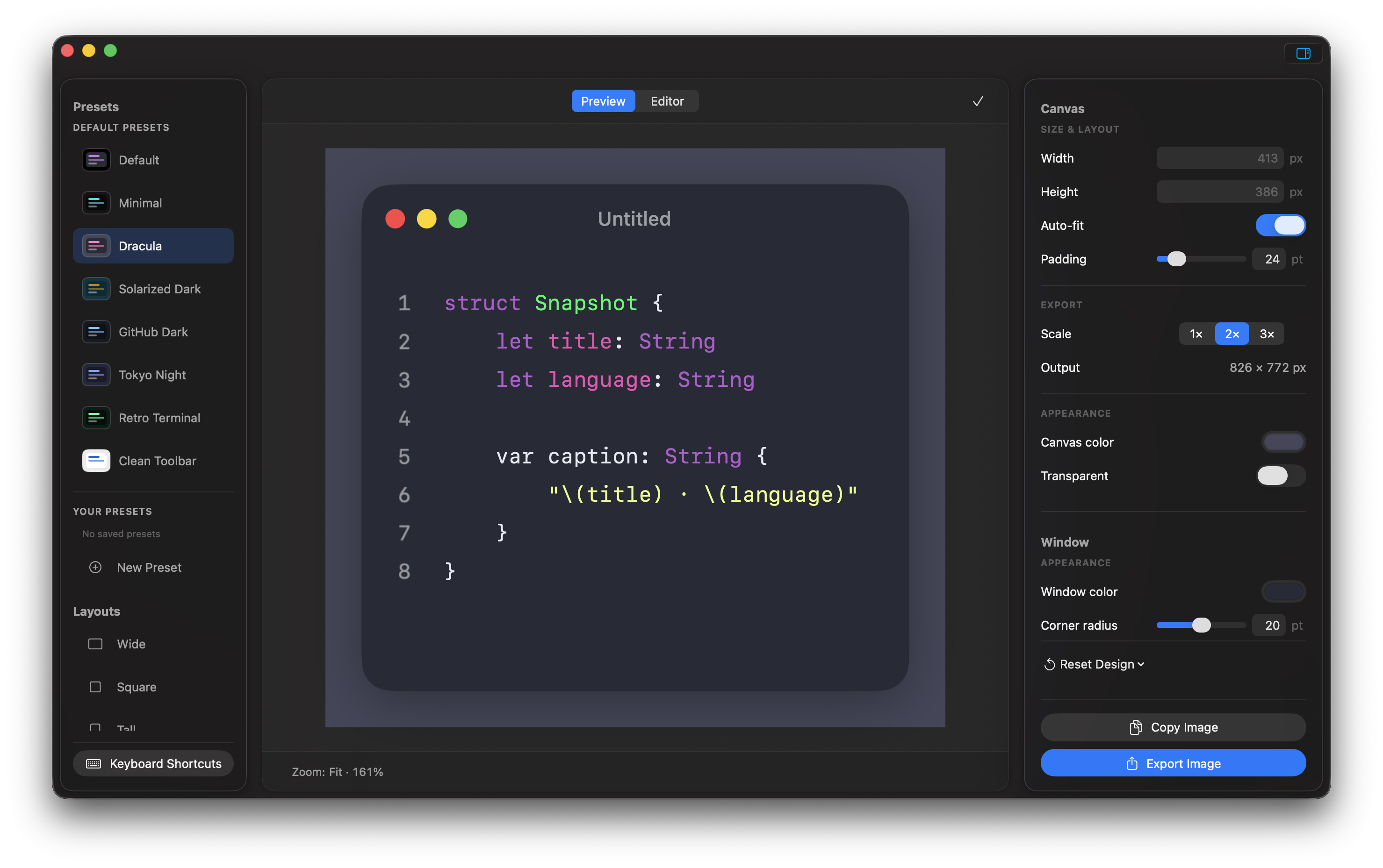 Oktoshot interface showing presets, a live code screenshot preview, and canvas controls